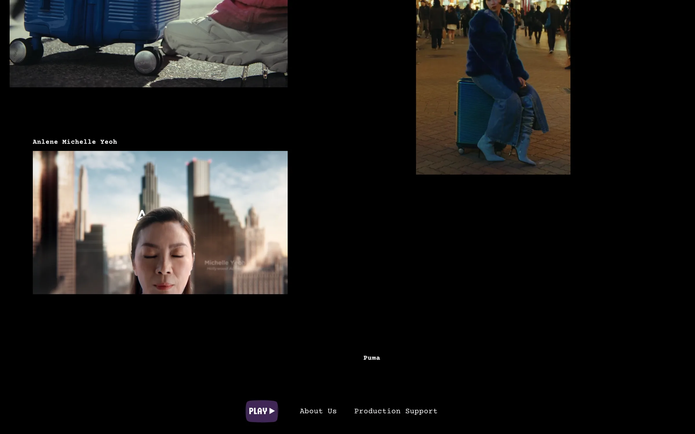 The PLAY Films reel grid, showing stills from the studio's Puma and Anlene campaign work.