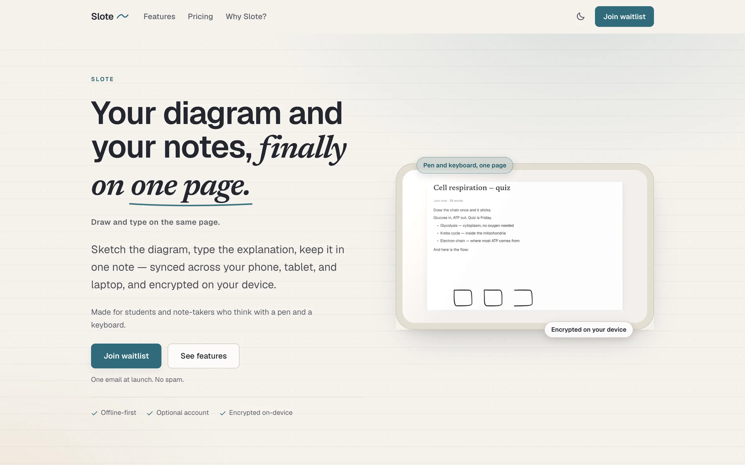 The Slote marketing site: one canvas for typing and handwriting.